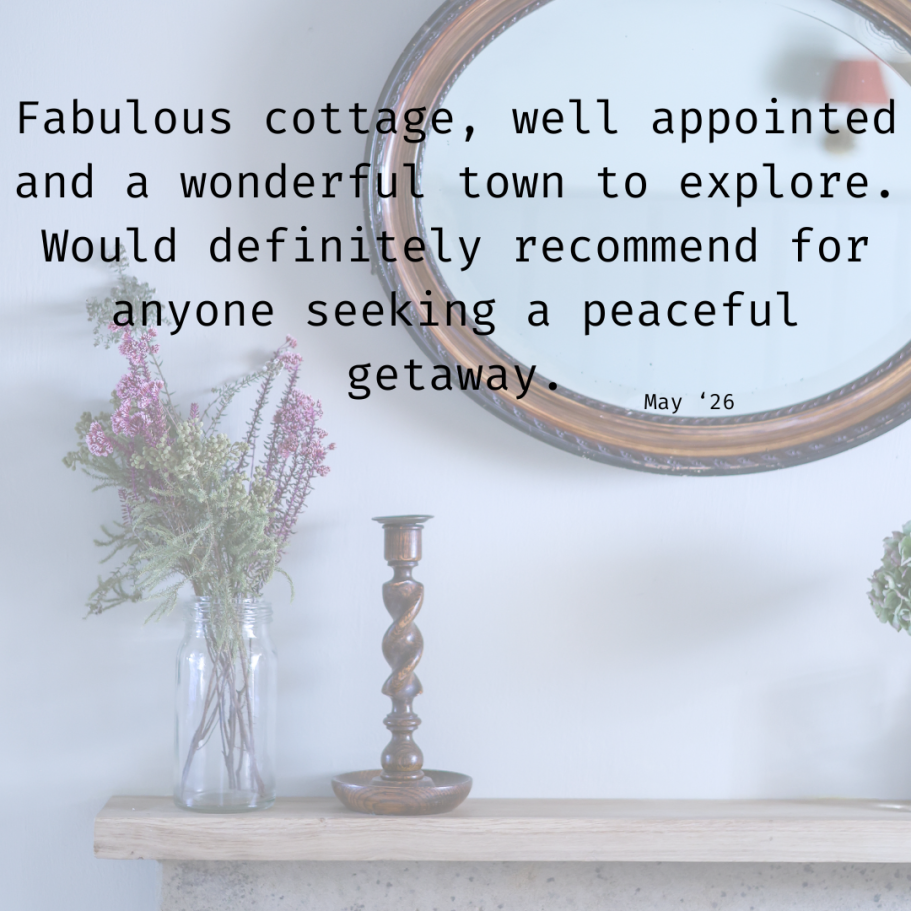 Review
Fabulous cottage, well appointed and a wonderful town to explore. Would definitely recommend for anyone seeking a peaceful getaway